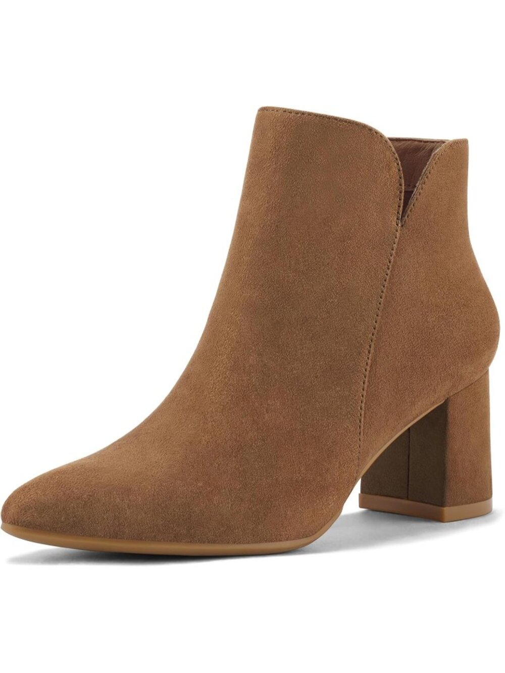 Women's Brown Suede Casual Chunky Block Heel Pointed Toe Side Zipper Ankle Boots